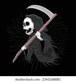 Grim Reaper Character with Scythe Isolated on Black Background, Vector Illustration