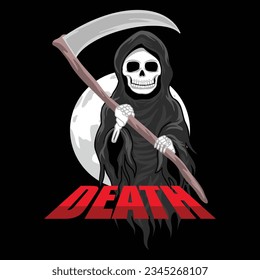Grim Reaper Character with Scythe Isolated on Black Background, Vector Illustration