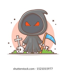 Grim Reaper Character Vector Icon Illustration. Grim Reaper And Skeleton, Funeral, Halloween Icon Concept White Isolated. Flat Cartoon Style Suitable for Web Landing Page, Banner, Sticker, Background