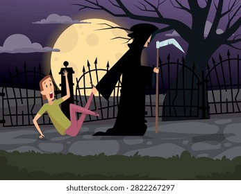 Grim reaper chasing scared man halloween night graveyard vector background