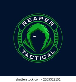 Diseño del cráneo con el logotipo de Grim Reaper en la placa circular. Para el diseño del logo de la mascota con placa moderna, plantilla de logotipo de mascota.