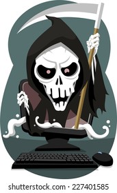 Grim Reaper coming out of computer, vector illustration cartoon.