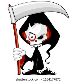 Grim Reaper Creepy Cartoon Character with Black Hooded Cload wielding a Big Scythe.