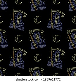 GRIM REAPER AND CRESCENT MOON NEON BADGE COLOR SEAMLESS PATTERN BLACK BACKGROUND