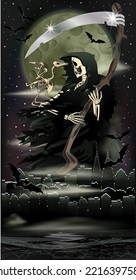 Grim Reaper with crow skeleton in city, halloween vip card vector illustration	
