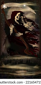 Grim Reaper with crow skeleton in night city, halloween  card vector illustration	