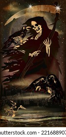 Grim Reaper and crow skeleton in night city, halloween vip card vector illustration	