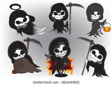 Grim reaper cute character halloween cartoon isolated on background vector illustration