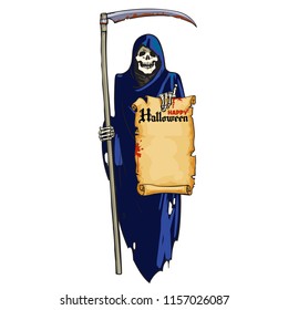 Grim Reaper. Cute laughing skeleton with scythe and scroll with text Happy Halloween in cartoon style. Hand drown vector illustration isolated on white background.