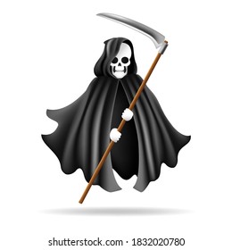 Grim reaper. Dark character of halloween, symbol of horror from hell, vector illustration of creepy scary skeleton with scythe isolated on white background