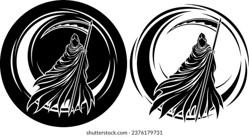 Grim Reaper dark gothic silhouette with moon. Tattoo, Halloween design and decor element. Highly detailed and neat lines for print or engraving