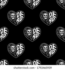 GRIM REAPER DEAD HEART SEAMLESS PATTERN WHITE BLACK BACKGROUND