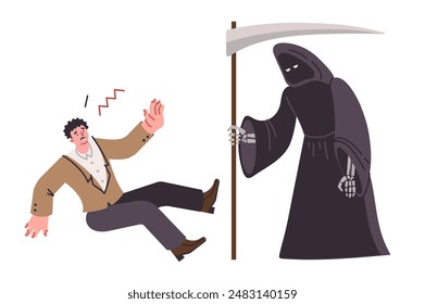 Grim reaper or death came for man who did not want to die and was trying to resist terrible creature. Nightmare of guy scared death with bony hands dressed in black robe, wanting take person in hell