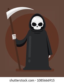 Grim Reaper Death character mascot standing and holding scythe. Halloween hell fate destiny concept. Vector flat cartoon isolated design graphic illustration