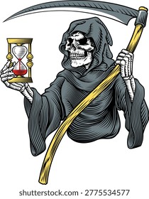 The grim reaper or death holding an hour glass and scythe in a vintage retro woodcut style