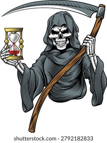 The grim reaper or death holding an hour glass and scythe in a vintage retro woodcut style