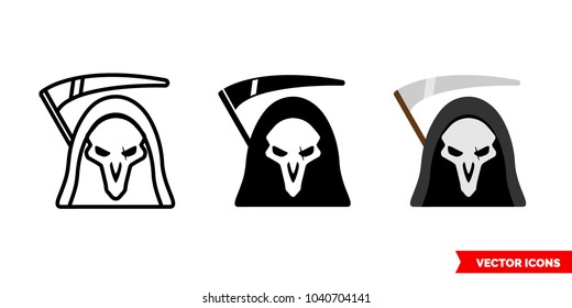 Grim reaper death icon of 3 types: color, black and white, outline. Isolated vector sign symbol.