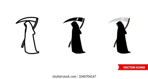 Grim reaper death icon of 3 types: color, black and white, outline. Isolated vector sign symbol.