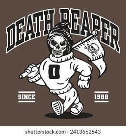 The Grim Reaper Death Mascot Character Design in Sport Vintage Athletic Style Hand Drawing Vector