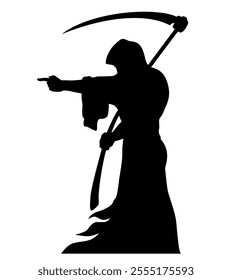 Grim Reaper of Death with scythe on shoulders points to victim. Vector silhouette on transparent background