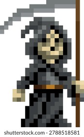 A grim reaper death skeleton fantasy cartoon character in a video game sprite pixel art style. 20 squares wide by 30 high