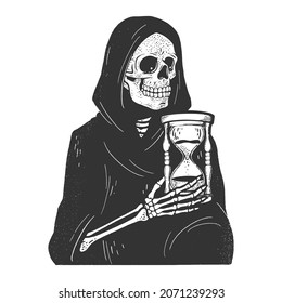 Grim Reaper death skeleton and hourglass sandglass sketch engraving vector illustration  T  shirt apparel print design  Scratch board imitation  Black   white hand drawn image 