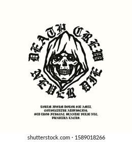 Grim reaper. Design for t-shirt. Ink stamp style. Death crew never die.