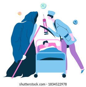 Parca parca y doctor peleando frente a la cama de los pacientes. Niño moribundo y doctor salvando la vida de un niño. Trabajador médico con jeringa que da tratamiento a personas enfermas. Covid19 o vector de enfermedad