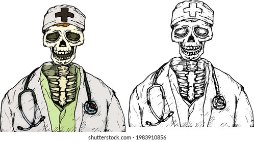 Grim reaper in doctor lab coat with stethoscope. Hand drawn vector illustration.
