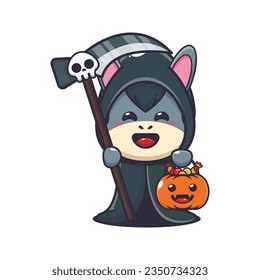 Grim reaper donkey holding scythe and halloween pumpkin.