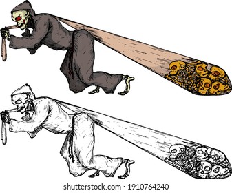 Grim Reaper drag a sackful of severed skulls for Halloween concept. Hand drawn vector illustration.