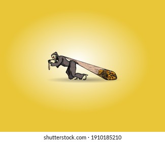 The Grim Reaper dragging a sackful of skulls and bones for Halloween. Hand drawn vector illustration.