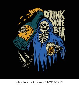 Grim reaper drink more beer illustration.