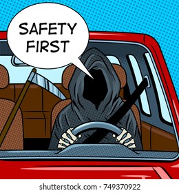 Grim reaper drive car pop art retro vector illustration. Death metaphor. Comic book style imitation.