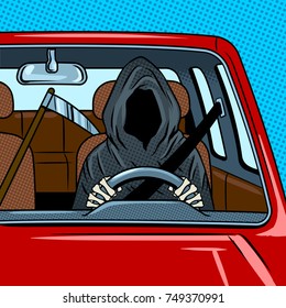 Grim reaper drive car pop art retro vector illustration. Death metaphor. Comic book style imitation.