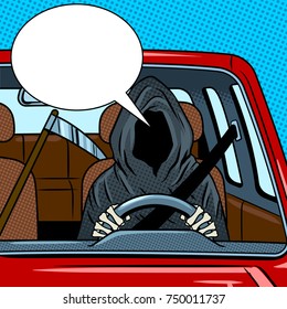 Grim reaper drive car pop art retro vector illustration. Death metaphor. Comic book style imitation.