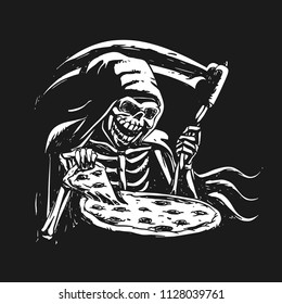 Grim reaper eating pizza - black and white