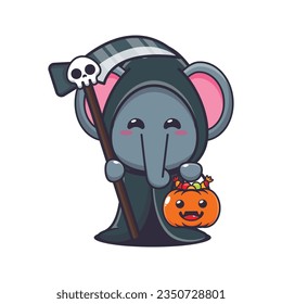 Grim reaper elephant holding scythe and halloween pumpkin. 