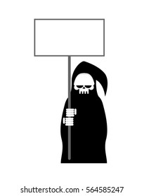 Grim Reaper with empty billboard plate. Death in hood hold white blank on white background