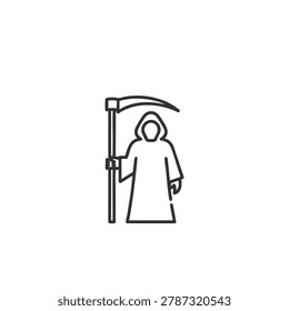 The Grim Reaper figure in a hooded robe holds a scythe on a white background, symbolizing death and the end of life.