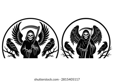 Grim reaper figures with large black wings and ravens perched on branches in circular frames