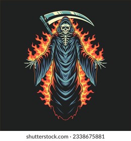 grim reaper fire burning illustration for tshirt design, logo, or stickers