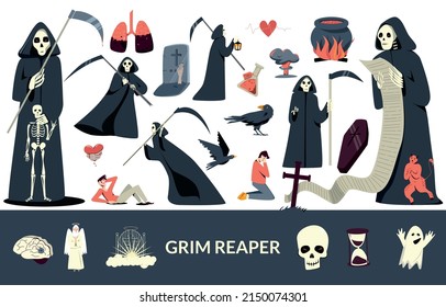 Grim reaper flat set including skeleton skull black raven grave ghost isolated vector illustration