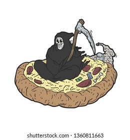 Grim reaper flying over a pizza - Vector illustration
