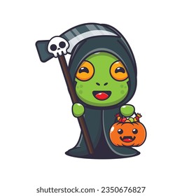 Grim reaper frog holding scythe and halloween pumpkin.