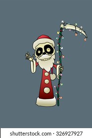 Grim reaper. Funny looking cartoon character wearing a Santa Claus costume. isolated vector illustration