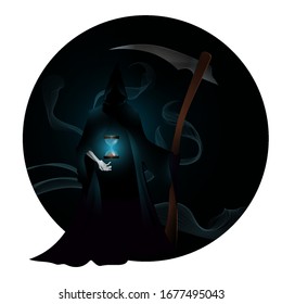  Grim reaper with a glowing hourglass in his hand at dark background with blue fog.  Angel of death with big scary scythe. Horror halloween vector illustration. Deadline and end of life concept.