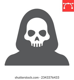 Grim reaper glyph icon, halloween and holiday, dead vector icon, harbinger of death vector graphics, editable stroke solid sign, eps 10.