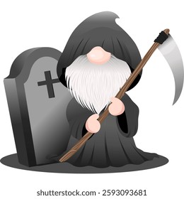 Grim reaper gnome with a scythe by a gravestone. Perfect for Halloween projects, spooky invitations, and dark fantasy designs.