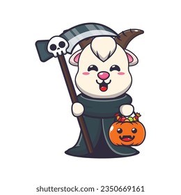 Grim reaper goat holding scythe and halloween pumpkin. 